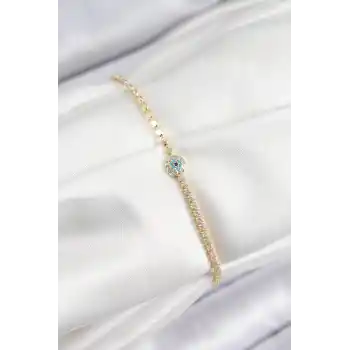 Pirinç Zirkon Taşlı Nazar Model Ezme Zincir Gold Renk Kadın Bileklik