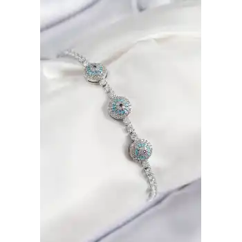Pirinç Zirkon Taşlı Nazar Model Gümüş Renk Kadın Bileklik