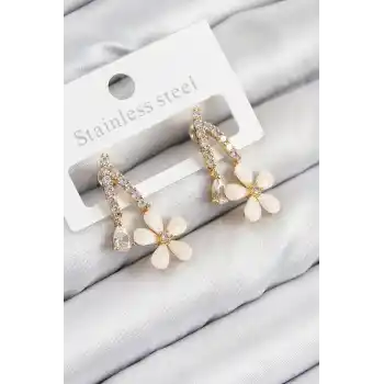 Pirinç Zirkon Taşlı Papatya Model Gold Renk Kadın Küpe