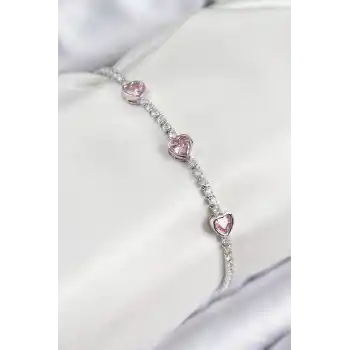 Pirinç Zirkon Taşlı Pembe Kalp Model Gümüş Renk Kadın Bileklik