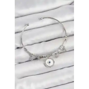Pirinç Zirkon Taşlı Pusula Model Gümüş Renk Charm Bileklik