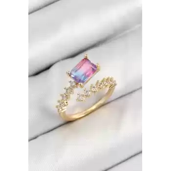 Pirinç Zirkon Taşlı Renkli Model Gold Renk Kadın Yüzük