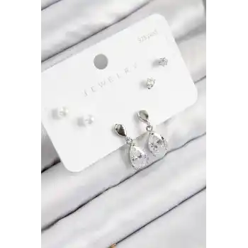 Pirinç Zirkon Taşlı Sallantılı Damla Model Gümüş Renk 925 Ayar Gümüş Çivi Kadın Küpe Set