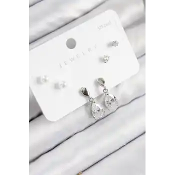 Pirinç Zirkon Taşlı Sallantılı Damla Model Gümüş Renk 925 Ayar Gümüş Çivi Kadın Küpe Set