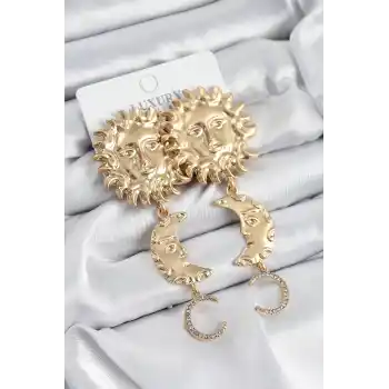 Pirinç Zirkon Taşlı Sallantılı Güneş Model Gold Renk Kadın Küpe