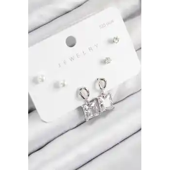 Pirinç Zirkon Taşlı Sallantılı Kare Model Gümüş Renk 925 Ayar Gümüş Çivi Kadın Küpe Set