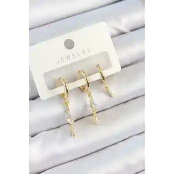 Pirinç Zirkon Taşlı Sallantılı Model Gold Renk 3lü Çift Kadın Küpe Set