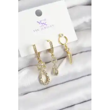 Pirinç Zİrkon Taşlı Sallantılı Model Gold Renk 3lü Kadın Küpe