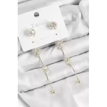 Pirinç Zirkon Taşlı Sallantılı  Model Gold Renk 925 Ayar Gümüş Çivi Kadın Küpe