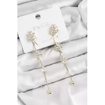 Pirinç Zirkon Taşlı Sallantılı  Model Gold Renk 925 Ayar Gümüş Çivi Kadın Küpe