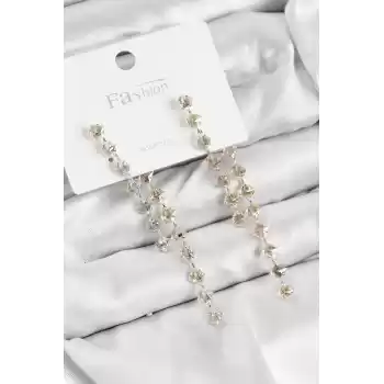 Pirinç Zirkon Taşlı Sallantılı  Model Gold Renk 925 Ayar Gümüş Çivi Kadın Küpe