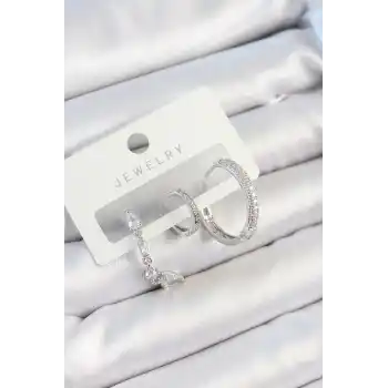 Pirinç Zirkon Taşlı Sallantılı Model Gümüş Renk 3lü Çift Kadın Küpe Set