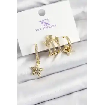 Pirinç Zİrkon Taşlı Sallantılı Yıldız Model Gold Renk 3lü Kadın Küpe