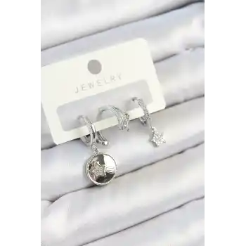 Pirinç Zirkon Taşlı Sallantılı Yıldız Model Gümüş Renk 3lü Çift Kadın Küpe Set