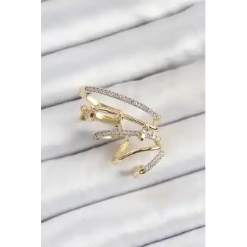 Pirinç Zirkon Taşlı Sıkıştırma Sağ Kıkırdak Gold Renk Kadın Küpe