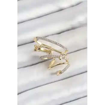 Pirinç Zirkon Taşlı Sıkıştırma Sağ Kıkırdak Gold Renk Kadın Küpe