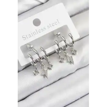 Pirinç Zirkon Taşlı Şimşek Model Gümüş Renk Kadın Küpe