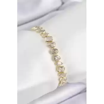 Pirinç Zirkon Taşlı Sıralı Damla Kalp Ve Dikdörtgen Model Gold Renk Kadın Bileklik