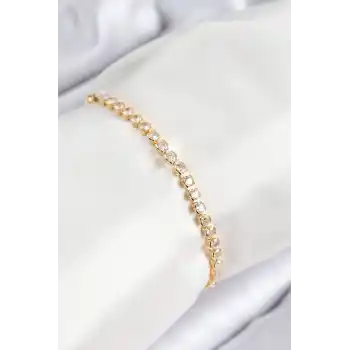 Pirinç Zirkon Taşlı Sıralı Model Gold Renk Asansörlü Kadın Bileklik