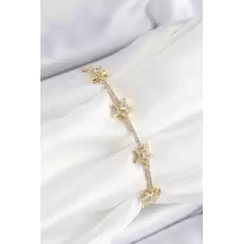 Pirinç Zirkon Taşlı Sıralı Yıldız Model Gold Renk Kadın Bileklik