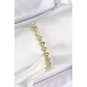 Pirinç Zirkon Taşlı Sıralı Yonca Model Gold Renk Kadın Bileklik