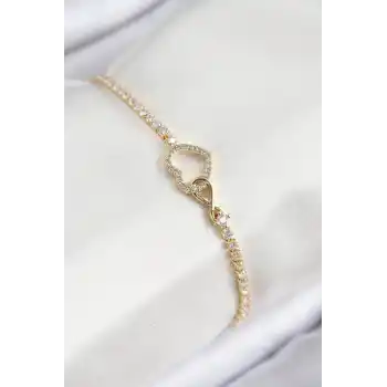 Pirinç Zirkon Taşlı Sonsuzluk Kalp Model Gold Renk Kadın Bileklik