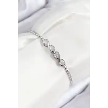 Pirinç Zirkon Taşlı Sonsuzluk Model Gümüş Renk Asansörlü Kadın Bileklik