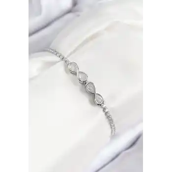Pirinç Zirkon Taşlı Sonsuzluk Model Gümüş Renk Asansörlü Kadın Bileklik