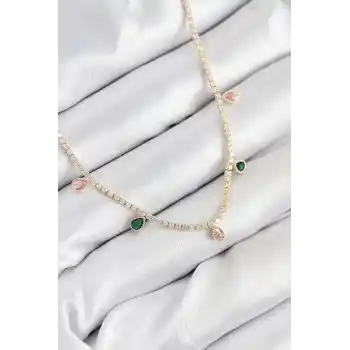 Pirinç Zirkon Taşlı Su Yolu Damla Model Gold Renk Kadın Kolye