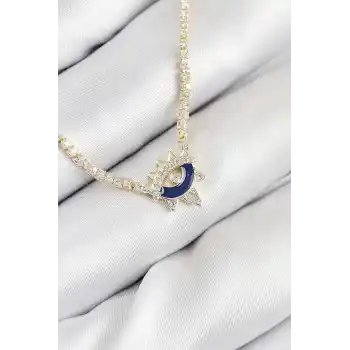 Pirinç Zirkon Taşlı Su Yolu Göz Model Gold Renk Kadın Kolye