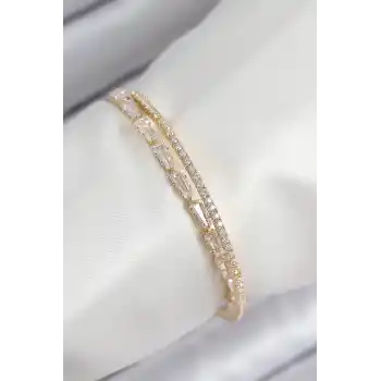 Pirinç Zirkon Taşlı Su Yolu Model Gold Renk Kadın Bileklik