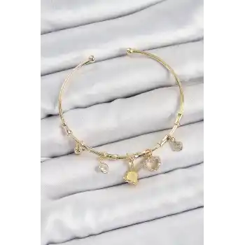 Pirinç Zirkon Taşlı Tavşan Ve Kalp Model Gold Renk Charm Bileklik