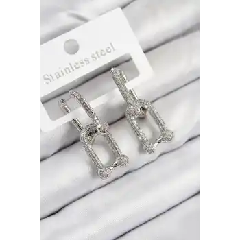 Pirinç Zirkon Taşlı Tifany Model Gümüş Renk Kadın Küpe