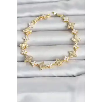 Pirinç Zirkon Taşlı ve Mineli Yonca Model Gold Renk Kadın Bileklik
