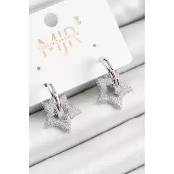 Pirinç Zirkon Taşlı Yıldız Figürlü Halka Model Gümüş Renk Kadın Küpe