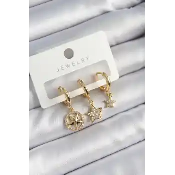 Pirinç Zirkon Taşlı Yıldız Model Gold Renk 3lü Çift Kadın Küpe Set