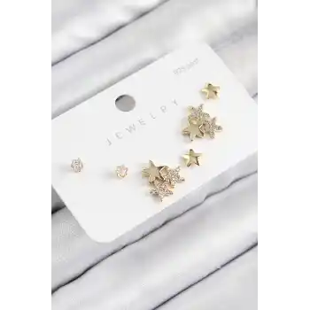 Pirinç Zirkon Taşlı Yıldız Model Gold Renk 925 Ayar Gümüş Çivi Kadın Küpe Set