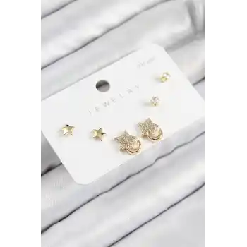Pirinç Zirkon Taşlı Yıldız Model Gold Renk 925 Ayar Gümüş Çivi Kadın Küpe Set