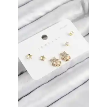Pirinç Zirkon Taşlı Yıldız Model Gold Renk 925 Ayar Gümüş Çivi Kadın Küpe Set