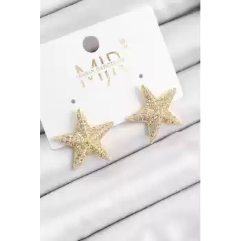 Pirinç Zirkon Taşlı Yıldız Model Gold Renk Kadın Küpe