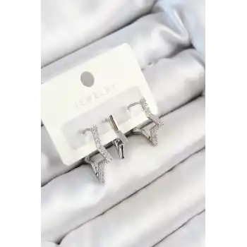 Pirinç Zirkon Taşlı Yıldız Model Gümüş Renk 3lü Çift Kadın Küpe Set