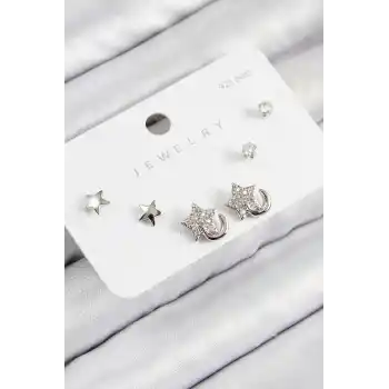 Pirinç Zirkon Taşlı Yıldız Model Gümüş Renk 925 Ayar Gümüş Çivi Kadın Küpe Set