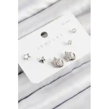Pirinç Zirkon Taşlı Yıldız Model Gümüş Renk 925 Ayar Gümüş Çivi Kadın Küpe Set