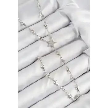 Pirinç Zirkon Taşlı Yıldız Model Gümüş Renk Y Kolye