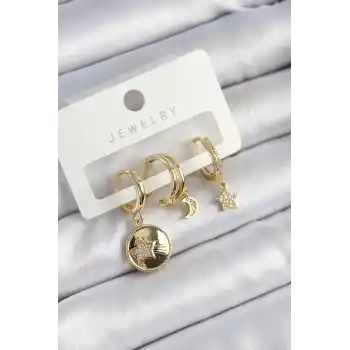 Pirinç Zirkon Taşlı Yıldız Ve Ay Model Gold Renk 3lü Çift Kadın Küpe Set