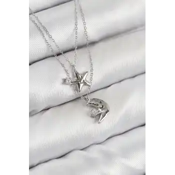 Pirinç Zirkon Taşlı Yıldız Ve Ay Model Gümüş Renk Kadın Kolye