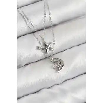 Pirinç Zirkon Taşlı Yıldız Ve Ay Model Gümüş Renk Kadın Kolye