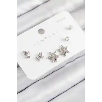 Pirinç Zirkon Taşlı Yıldız Ve Gül Model Gümüş Renk 925 Ayar Gümüş Çivi Kadın Küpe Set