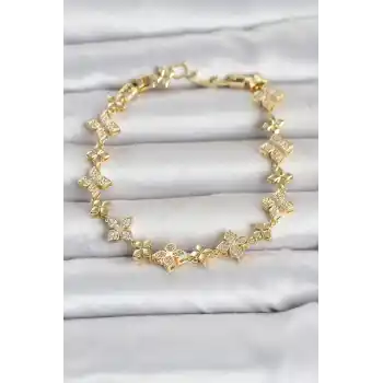 Pirinç Zirkon Taşlı Yonca Model Gold Renk Kadın Bileklik