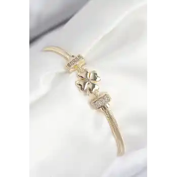 Pirinç Zirkon Taşlı Yonca Model Gold Renk Kadın Bileklik